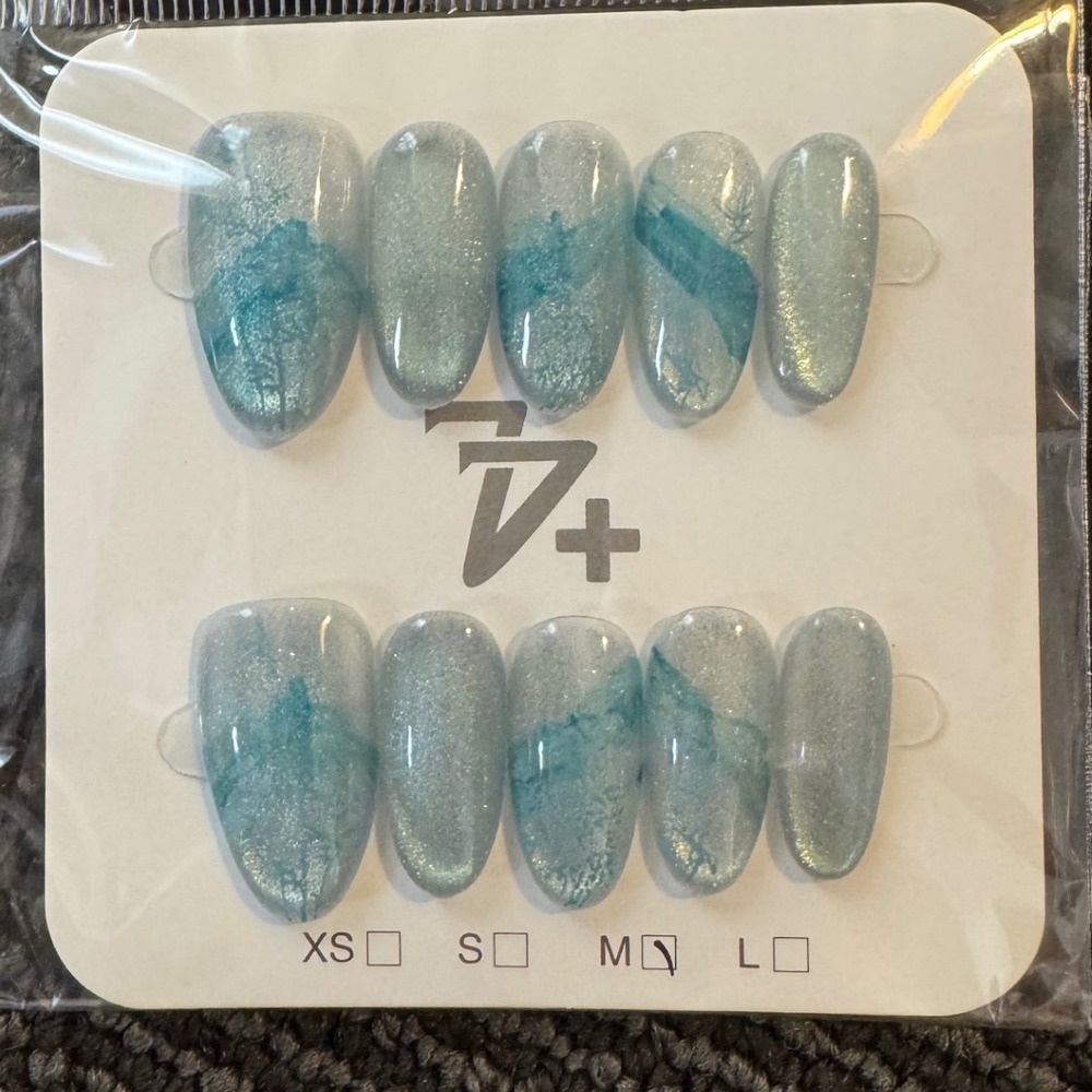 Press On Nails Blue Marble Design‎ Artificial Nail Art Medium Almond